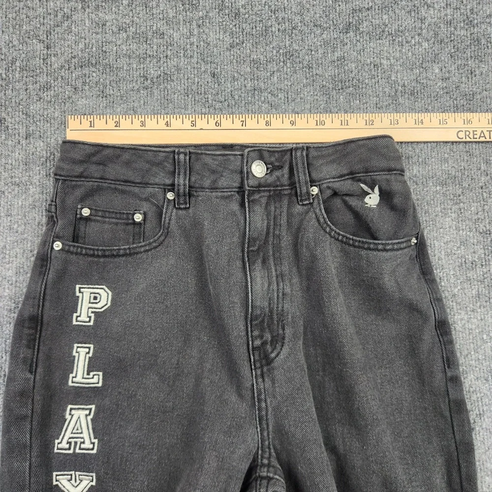 Playboy by PacSun Womens Washed Black Straight Leg Slit Hem Logo Jeans Size‎ 26